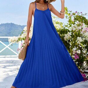 Royal Blue Casual Women's Loose Pleated Backless Spaghetti Strap Dress